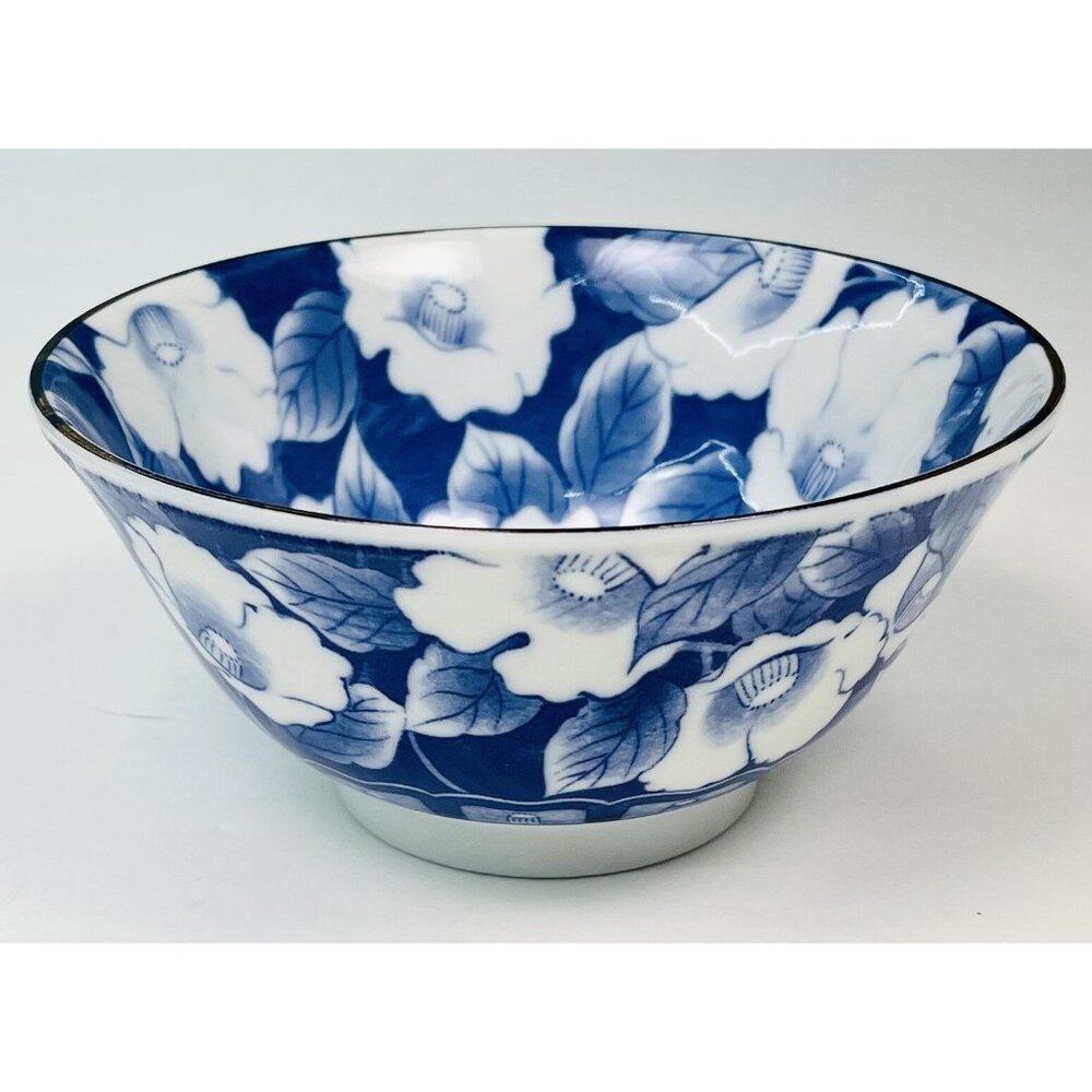 VTG 6" Handmade Japanese Blue & White Floral Footed SERVING BOWL Marked EUC